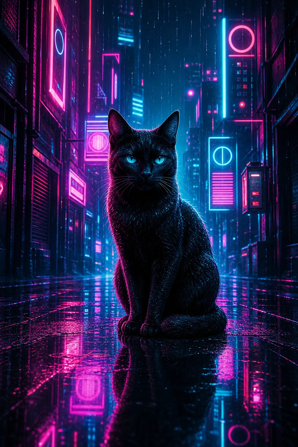 赛博猫咪 AI 壁纸模板霓虹小巷预览图