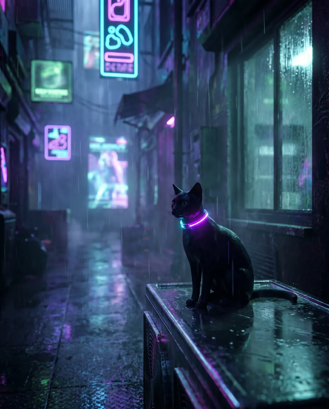 猫咪 AI 壁纸模板赛博雨夜预览图